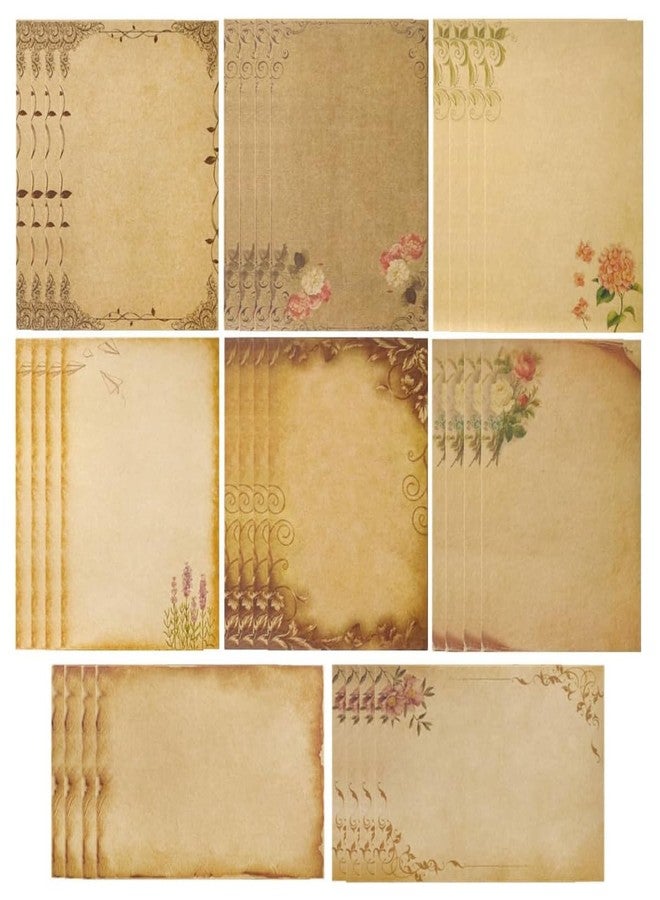 OFIFO® Vintage Letter Writing Paper Sheets, 48 Pcs Floral Decorative Retro Stationery, 8 Designs, Antique Yellowish Craft Papers for Invitations, Scrapbooking, Handmade Notes, Journaling, 8.26x5.7in - Image 1